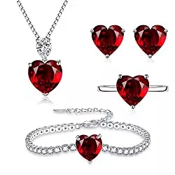 Loutade Schmuck Loutade Silber Schmuckset für Damen, 4PCS 925 Sterling Silber Herz Schmuckset, Liebe Halskette Ohrstecker Armband Ringe Set, Anhänger mit 45cm Silberkette &amp; Ohrstecker &amp; Armkette &amp; Ringe mit Zirkonia