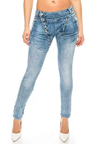 Crazy Age Jeans Crazy Age Boyfriend Baggy Jeanshose mit schräger Knopfleiste und Reißverschluß C 613 (L=40, Jeansblau H.)