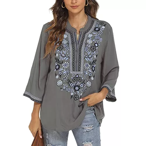 Seasonal Langarmblusen Seasonal Damen Stickerei Bluse Bohemian Herbst Tunika Bestickte Folklore Blusen Hippie Blumenmuster Oberteil 3/4 Arm Lose Tops