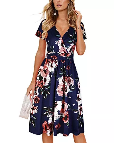 OUGES Freizeit OUGES Damen Sommerkleid Kurzarm V-Ausschnitt Knielang Blumenmuster Midi Kleid mit Taschen
