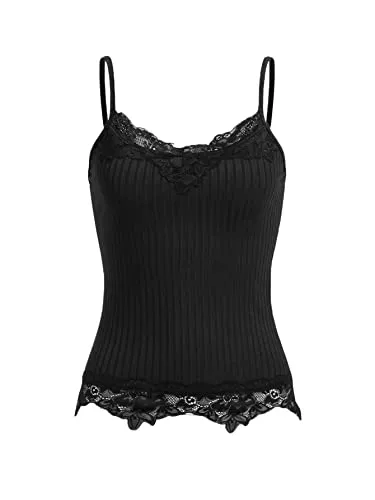 GORGLITTER Tops GORGLITTER Damen Spaghettiträger Top Cami Tops Slim Oberteil Stretch Trägershirts mit Kontrast Spitzen