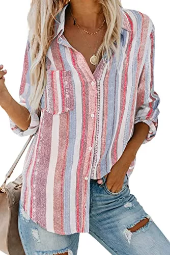 FIYOTE Ärmellose Blusen FIYOTE Hemd Damen Oberteile Revers Kragen Langarmshirt Casual Bluse Langarm Button-Down Hemdbluse Business S-XXL