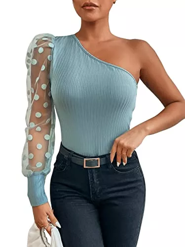 GORGLITTER Langarmblusen GORGLITTER Damen Langarmshirt Elegant EIN Schulter Top Transparent Bluse Mesh Oberteil Bluse Mit Polka Dots Schulterfreies Top Mit Punkte