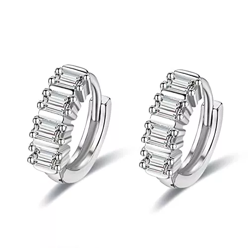 BCughia Schmuck Creolen, Juwelo Ohrringe Silber Kupfer Weiß Rechteckschliff Zirkonia Vier Rechteckige Zirkonia Ohrringe Hochzeit Geschenk für Frauen 9.5X4.2Mm