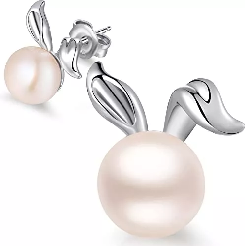 Jiahanzb Schmuck 18 Karat Weißgold überzogen Katze Ohrstecker Perlen Ohrringe 925 Sterling Silber Damen Süßwasserperle für Kinder Mädchen Weihnachten Ohrringe Schmuck