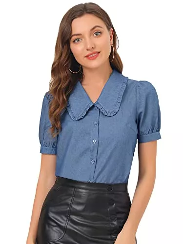Allegra K Kurzarmblusen Allegra K Damen Bubikragen Hemd Puff Kurzarm Chambray Top Bluse