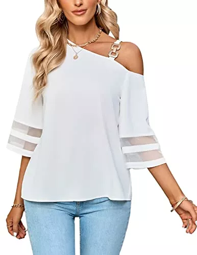 QUNERY Langarmblusen QUNEYR Bluse Damen Elegant 3/4 Arm Oberteile Damen Sommer Einzelner Schultergurt Chiffon Shirts Einfarbig Casual Tops