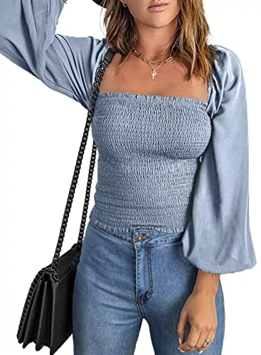 Aleumdr Langarmblusen Aleumdr Damen Bluse Langarm Puffärmel mit Eckiger Ausschnitt Casual Oberteil