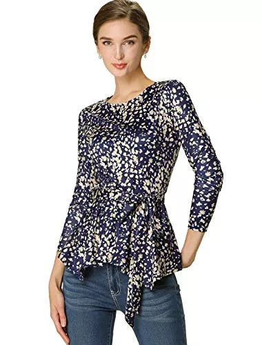 Allegra K Langarmblusen Allegra K Damen Langarm Rundhals Bindergürtel Blumen Peplum Top Bluse