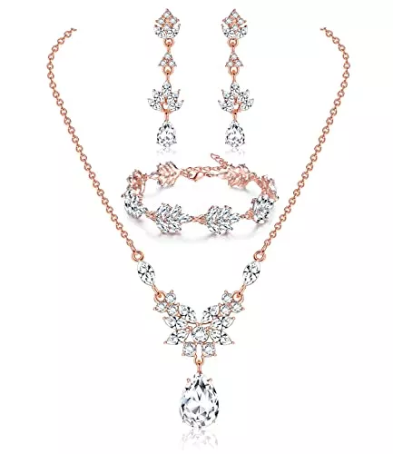 Milacolato Schmuck Milacolato Brautschmuck Set Für Damen Funkelnde Cz Kristall Tropfen Halskette Ohrringe Und Griechischer Lorbeerzweig Armband Silber Rosegold Schmuck Set Für Hochzeit Braut Brautjungfer Abschlussball