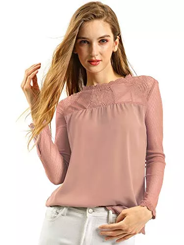Allegra K Langarmblusen Allegra K Damen Langarm Rundhalsausschnitt Panel Spitze Durchsichtig Blumen Top Bluse