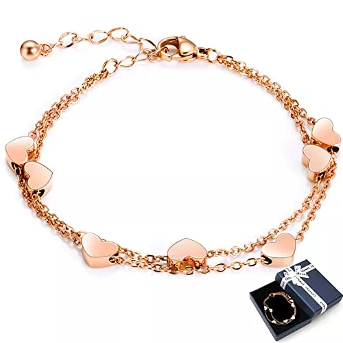 Crazy-M Schmuck Crazy-m Rosegold Herzen Damen Armband Layered Armband mit Herz Anhängern Doppelt Kette Armband für Frau Armkette Edelstahl Bracelet aus Titan