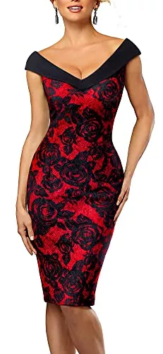 HOMEYEE Cocktail HOMEYEE Damen Elegant V-Ausschnitt Ärmelloses Vintage Rose Floral Cocktailkleid B425