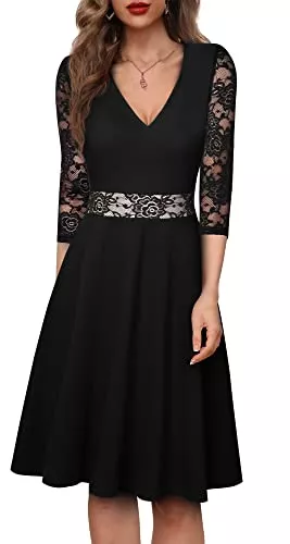 HOMEYEE Cocktail HOMEYEE Damen Elegant V-Ausschnitt 3/4 Ärmel Spitze Swing Vintage Party Cocktailkleid A345