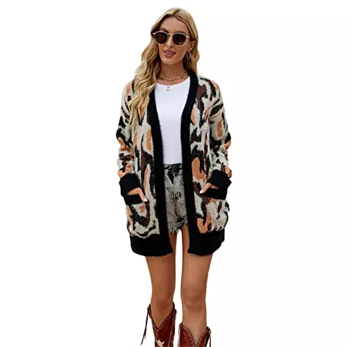 HEYPORK Strickjacken HEYPORK Damen Herbst Winter Warm Bequem Jacke Casual Mode übergangsjacke Mantel Frauen Herbst/Winter Leopardenmuster Lockere Strickpullover Jacke