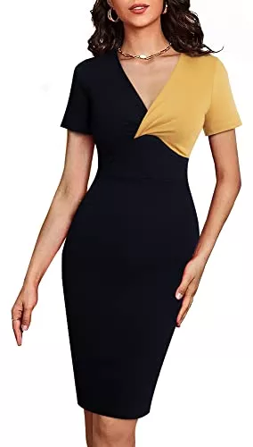 HOMEYEE Cocktail HOMEYEE Damen Vintage V-Ausschnitt Kurzarm Kontrastfarbe Bodycon Knielänge Cocktail Business Kleid B709