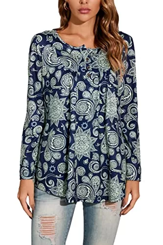 Enmain Langarmblusen Enmain Damen Tunika Shirt Langarm Tunika Longshirt Damen Große Größen V-Ausschnitt Longbluse Shirt Casual Elegante Tunika Tops mit Knöpfen Paisley Blumen T-Shirt Damen S-3XL