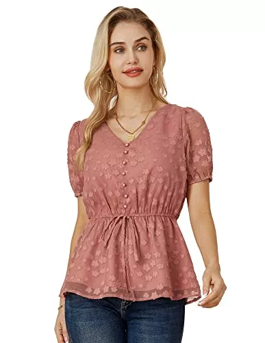 GRACE KARIN Kurzarmblusen GRACE KARIN Damen V-Ausschnitt Swiss Dot Oberteile Puffärmel Chiffon Bluse A-Linie Fließende Tops