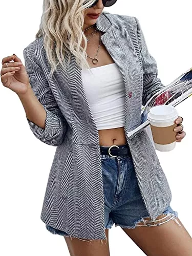 Gemijacka Blazer Gemijacka Damen Blazer Elegant Stehkragen Druckknopf Anzugjacke Freizeit Business Damenjacke mit Hahnentritt-Muster