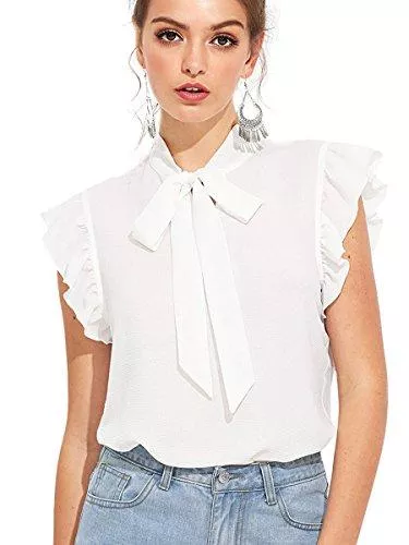 ROMWE Ärmellose Blusen Romwe Damen Casual Kurzarm Rüschen Trim Fliege Bluse Top Shirts - Weiß - Klein