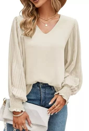 Odosalii Langarmblusen Odosalii Damen Oberteile V Ausschnitt Laternenärmel Chiffon Bluse Lässige Elegant Lose Einfarbig Shirt Tunika Tops