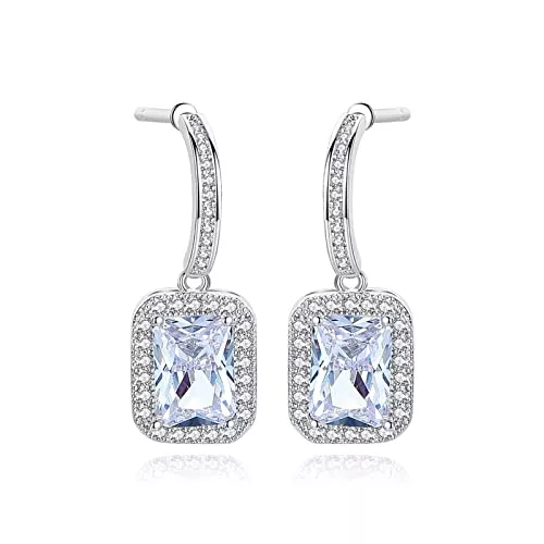 Dsnyu Schmuck Dsnyu Damen Ohrringe Klein, Quadratischer Zirkonia Ohrringe Hängend, Weiß Gold Tropfen Ohrringe für Verlobung