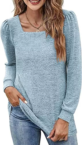 SMENG Langarmshirts SMENG Damen-T-Shirt mit U-Ausschnitt einfarbig lockeres Basic-Shirt