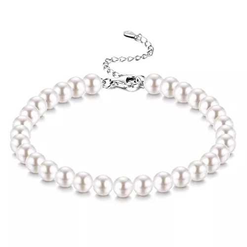 JeweBella Schmuck JeweBella 4MM/6MM/8MM/10MM Perlenarmband Damen Silber 925 Armband Perlen für Frauen Mädchen Länge 18+6CM Verstellbar Klassische Weiß Pearls Armband mit Box