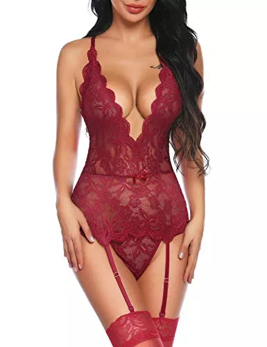 Aranmei Unterwäsche & Dessous Aranmei Damen Strapsen Dessous Set Sexy Erotische Unterwäsche Spitze Body mit Strumpfband Dessous Set Nachtwäsche