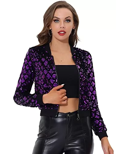 Allegra K Jacken Allegra K Damen Glitzer Pailletten Bomberjacke Langarm Reißverschluss Party Club Kurze Jacke