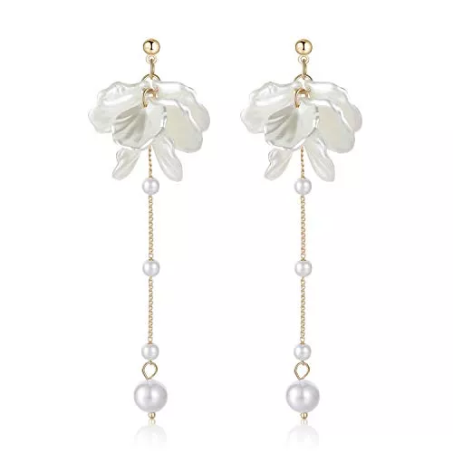 Kruckel Schmuck Ohrhänger aus Kunstharz mit weißen Blütenblättern, Perle, Metall, Perle