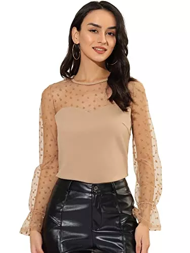 Allegra K Langarmblusen Allegra K Damen Spitze Mesh Glocke Langarm Rundhalsausschnitt Herz Punkte Print Top Bluse