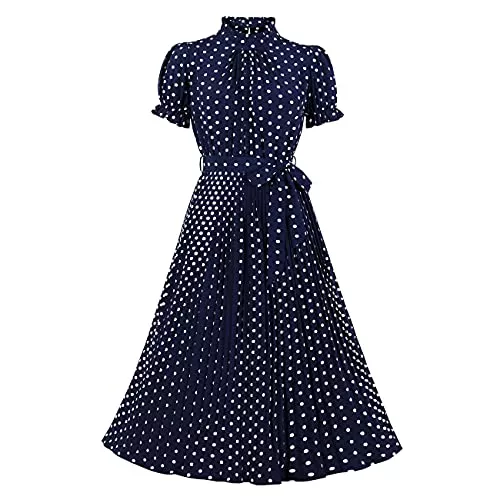 Wellwits Cocktail Wellwits Damen Punktmuster Rüsche O Hals Plissee Midi Retrolook Kleid
