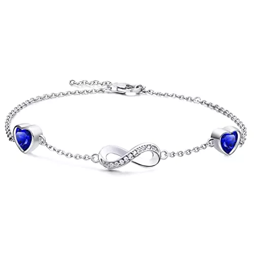 Qings Schmuck Qings Infinity Unendlichkeit Armband Damen Sterling Silber Geburtsstein Armbänder Armreif mit 2 Herz Charms Verstellba Armkette Valentinstag Muttertag Weihnachten Geschenk für Mama Mädchen