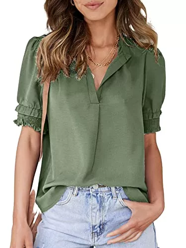ASOMI Kurzarmblusen ASOMI Bluse Damen Elegant Lässiges Oberteil Kurzarm Sommerbluse mit Stehkragen und V-Ausschnitt Casual Top Einfarbige Tunika Shirt für Alltagsleben Reise und Büro 1