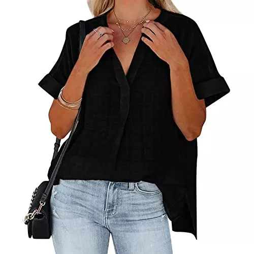 Greensen Kurzarmblusen Bluse Damen Elegant Einfarbige Plissert Bluse Kurzarm Sommerbluse mit V-Ausschnitt Lässige Casual Hemdbluse T-Shirt Sommer