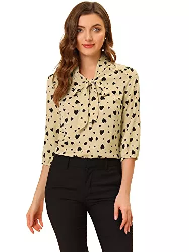 Allegra K Langarmblusen Allegra K Damen Schluppenbluse 3/4 Ärmel Polka Dots Binder Rüschen Top Bluse mit Schleife