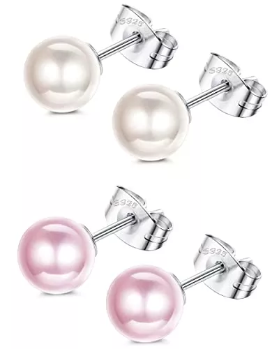 Sllaiss Schmuck Sllaiss Rosa Weiß Perle Ohrstecker für Frauen 925 Sterling Silber Perlen Ohrringe Perlenohrstecker 2 Paare 9MM Perlen Ohrringe Set Weißgold Ohrstecker Ohrringe