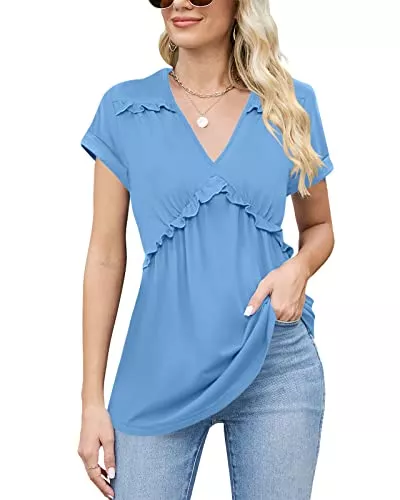 Fessceruna Kurzarmblusen Damen Rüschen Falten V Ausschnitt Bluse Solide Tunika Kurzarm Tops