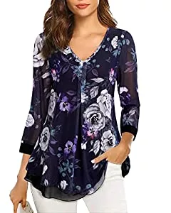 Gaharu Langarmblusen Gaharu Damen Bluse 3/4 Arm Blumen Tunika Shirt Elegant Doppellagig V-Ausschnitt Mesh Locker Longshirt