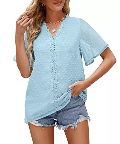 Aokosor Kurzarmblusen Aokosor Bluse Damen Sommer T-Shirt Spitzen V-Ausschnitt Tops Kurzärmel Oberteile Loose Fit Chiffon Swiss Dot