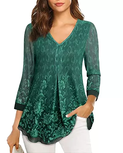 Gaharu Langarmblusen Gaharu Damen Bluse 3/4 Arm Blumen Tunika Shirt Elegant Doppellagig V-Ausschnitt Mesh Locker Longshirt