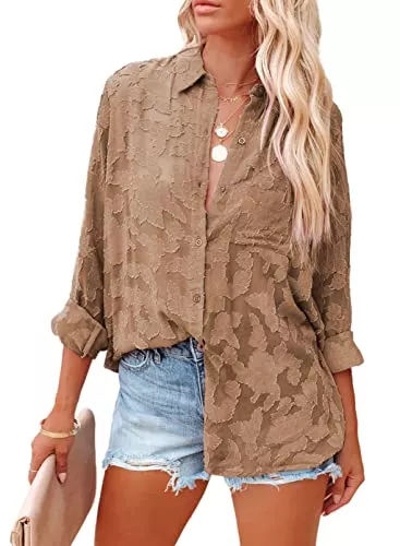 Dokotoo Langarmblusen Dokotoo Bluse Damen Elegant Tops Sommer Spitzen Oberteile Blusen Tuniken Damen Kurzarm Fluid Lose T Shirt