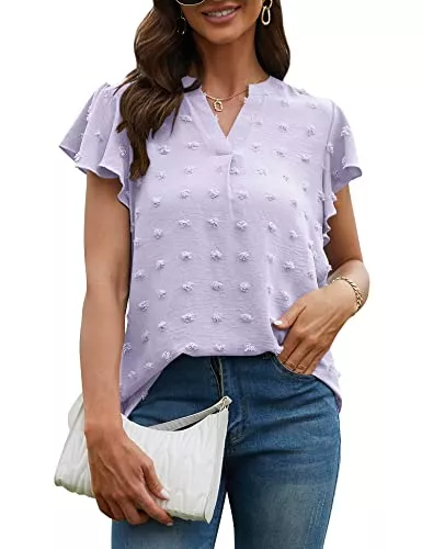 ANGGREK Kurzarmblusen ANGGREK Damen Bluse V-Ausschnitt Kurzarm,Schweizer Punkt,Rüschen Hemd,Lässige Sommer Oberteile S-XXL