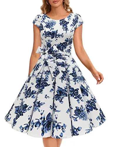 Dressystar Cocktail Dressystar Damen Vintage 50er Cap Sleeves Dot Einfarbig Rockabilly Swing Kleider