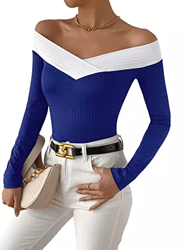 GORGLITTER Langarmshirts GORGLITTER Langarmshirt Damen Sexy V-Ausschnitt Schulterfreies Oberteil Rippenstrick Top Elegant Bluse