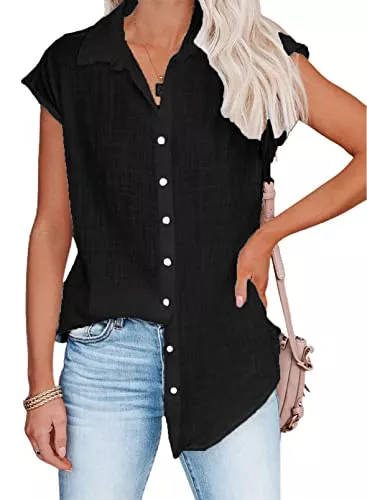 Hiistandd Kurzarmblusen Hiistandd Damen Kurzarm V-Ausschnitt T Shirts Lose Button unten Tunika Shirts Solide Bluse Freizeit Business Office Tops