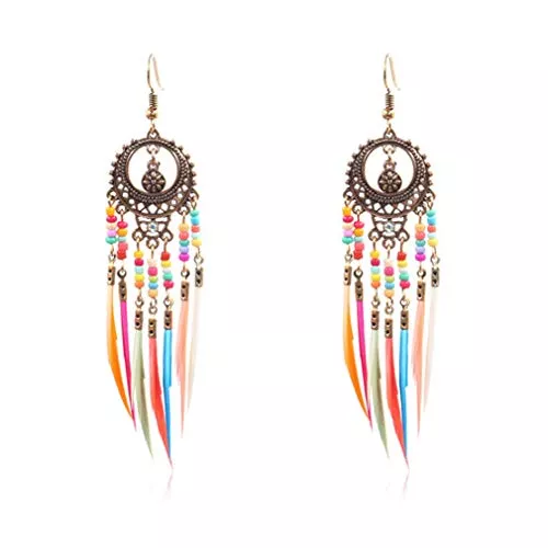 Generic Schmuck Vintage Feder Tropfen baumeln Ohrringe Disc Hohl Perlen Bunte böhmische Haken Frauen Schmuck tragbar und nützlich