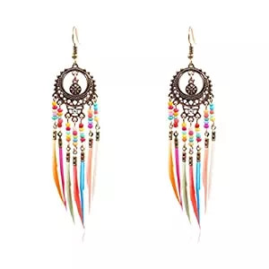Generic Schmuck Vintage Feder Tropfen baumeln Ohrringe Disc Hohl Perlen Bunte böhmische Haken Frauen Schmuck tragbar und nützlich