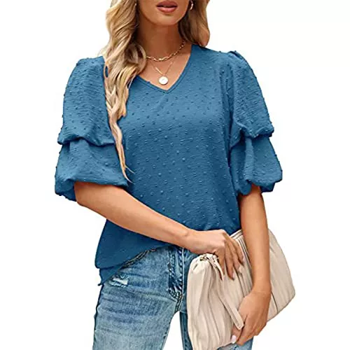 Greensen Kurzarmblusen Bluse Damen Elegant Einfarbige Oberteil Kurzarm Sommerbluse mit V-Ausschnitt und Rüsche Puffärmel Lässige Casual Hemdbluse T-Shirt Sommer